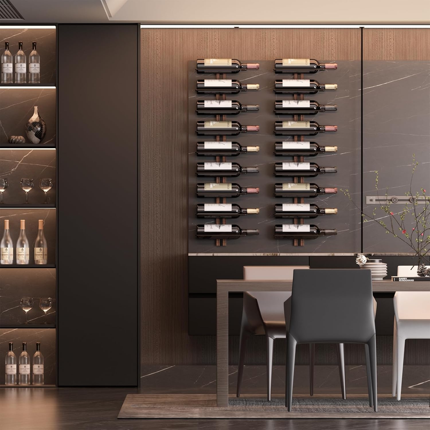 Home Bar Stand - 9-Bottle Wall-Mounted Golden Wooden Wine Rack