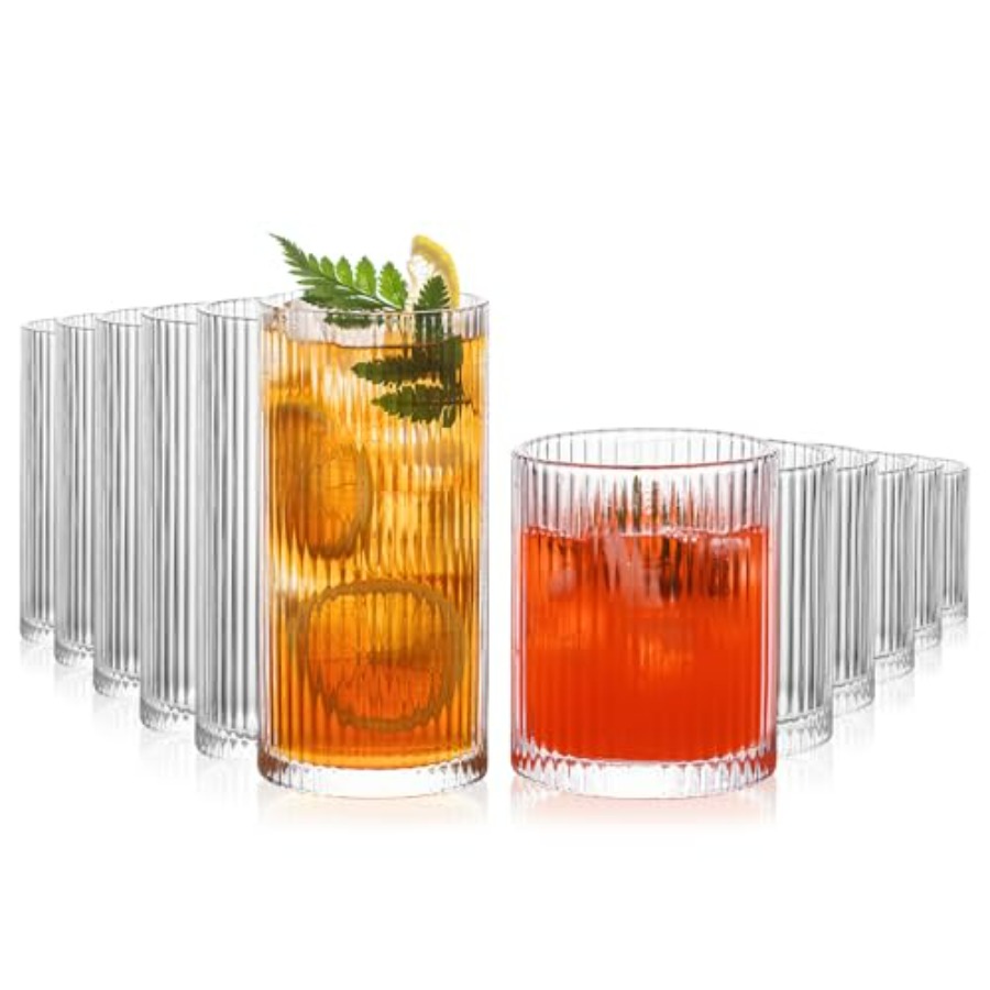 12Piece Ribbed Glassware Set w - مراجعة Highball Glass Set وسعره