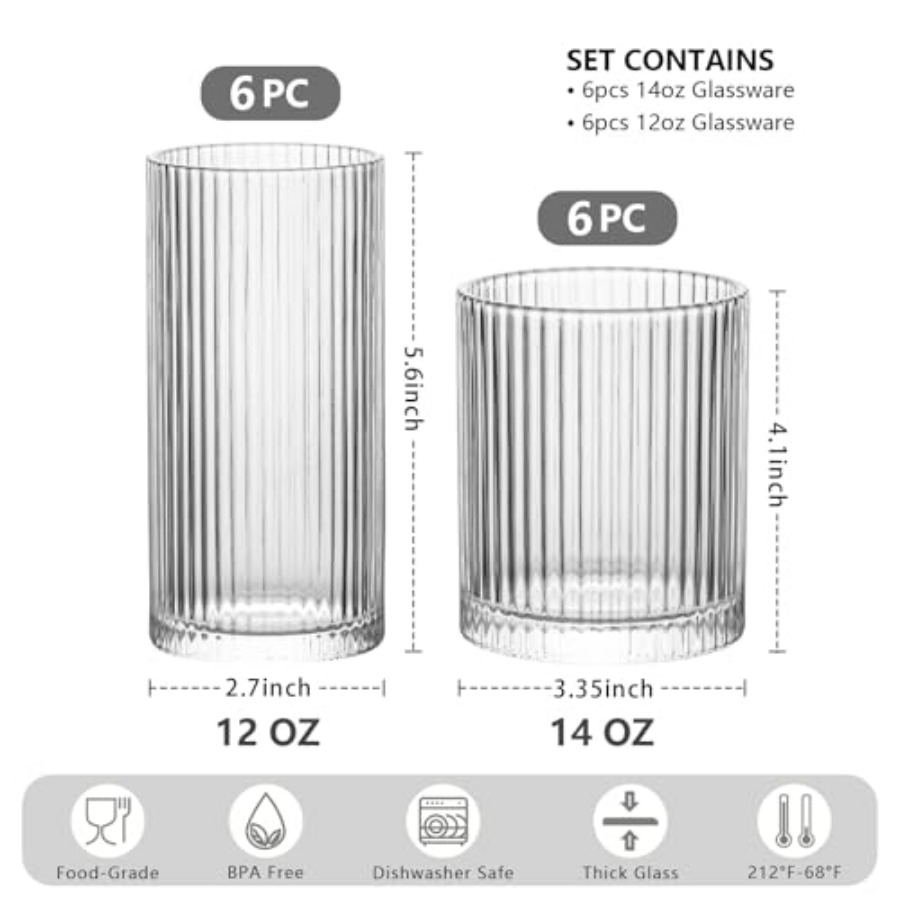 12Piece Ribbed Glassware Set w - مراجعة Highball Glass Set وسعره